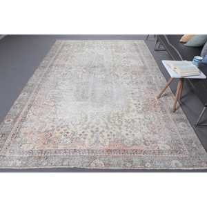 พรมตุรกี, พรมวินเทจขนาดใหญ่ 6.4x9.6 ฟุต, พรมลายดอกไม้สีเทาขาว - Product Image 1