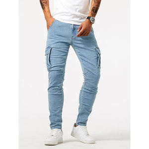 Rue élastique Jeans hommes Denim Cargo pantalon lavage couleur unie Multi poches décontracté taille moyenne pantalon Slim Fit usage quotidien Joggers - Product Image 1