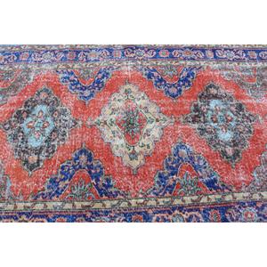 Alfombra Turca Vintage de 4.7x11.4 pies, Alfombra Grande, Alfombra de Lana con Diseño Floral Rojo y Azul - Product Image 5