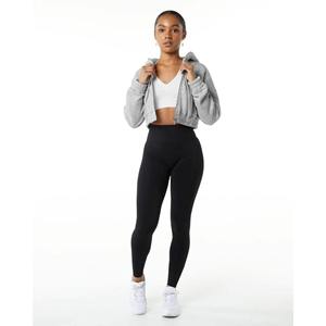 55% algodón, 45% Spandex Drop Shoulder Style Oversized Cropped Fit Heather Grey Mujeres Classic Capital Full-Zip Crop Hoodie - Product Image 3