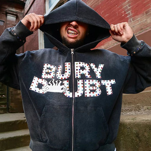 Personalizado Vintage Invierno Lavado con ácido Totalmente Rhinestone Cremallera Sudaderas Peso pesado 100% Algodón Oversized Drop Shoulder Hoodie para los hombres - Product Image 5