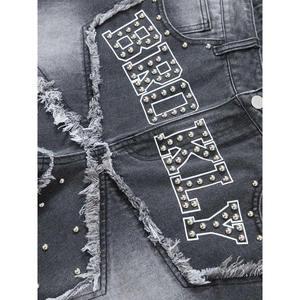 Pantalones cortos de mezclilla con letras de diamantes de imitación personalizados al por mayor OEM parche de estrella borde deshilachado ropa de calle Hip Hop de gran tamaño Jorts moda de verano - Product Image 4