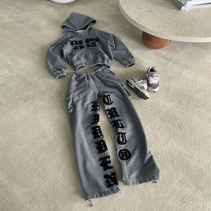 Acid Washed Printing Tracksuit For Unisex Flared Style Custom Clothes Screen Printing Distressed 400GSM Sweat Suit - Product Image 1