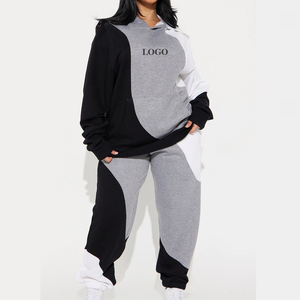Prix d'usine, vêtements de rue décontractés pour femmes, ensemble deux pièces, bloc de couleurs, survêtement / prix de gros, sweat-shirt uni et pantalon élastique - Product Image 1