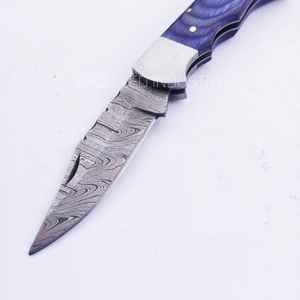 Cuchillo plegable multifuncional de Damasco hecho a mano con bloqueo trasero, cuchillo de bolsillo con mango de madera Pakka con Funda de cuero - Product Image 4