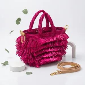 Bolso Tote Portátil de Rafia Bohemio Hecho a Mano para Verano, Cesta de Paja Tejida, Bolso de Mano con Cierre Personalizado, para Playa y Viajes, de Poliéster - Product Image 4