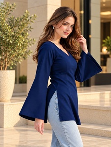 Women’s Solid Navy Blue V Neck Bell Sleeve Tunic <b>Top</b> – Wholesale Casual Fashion Blouse v-Neck <b>Dress</b> Woven Polyester Rayon - Product Image 2