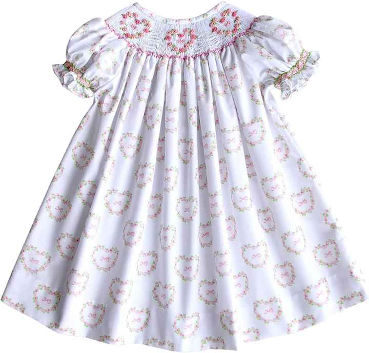 Smocked Children Clothing Pink Hearts Criss-cross Dress Floral Playsuits Bodysuits High Quality Children's Clothing K-Embroidery