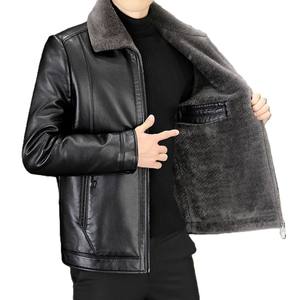 OEM PU Leather Jacket Mens Fleece Lined Winter Coat Lapel Collar Short Style Thickened Warm Jacket Middle Aged Outerwear - Product Image 1
