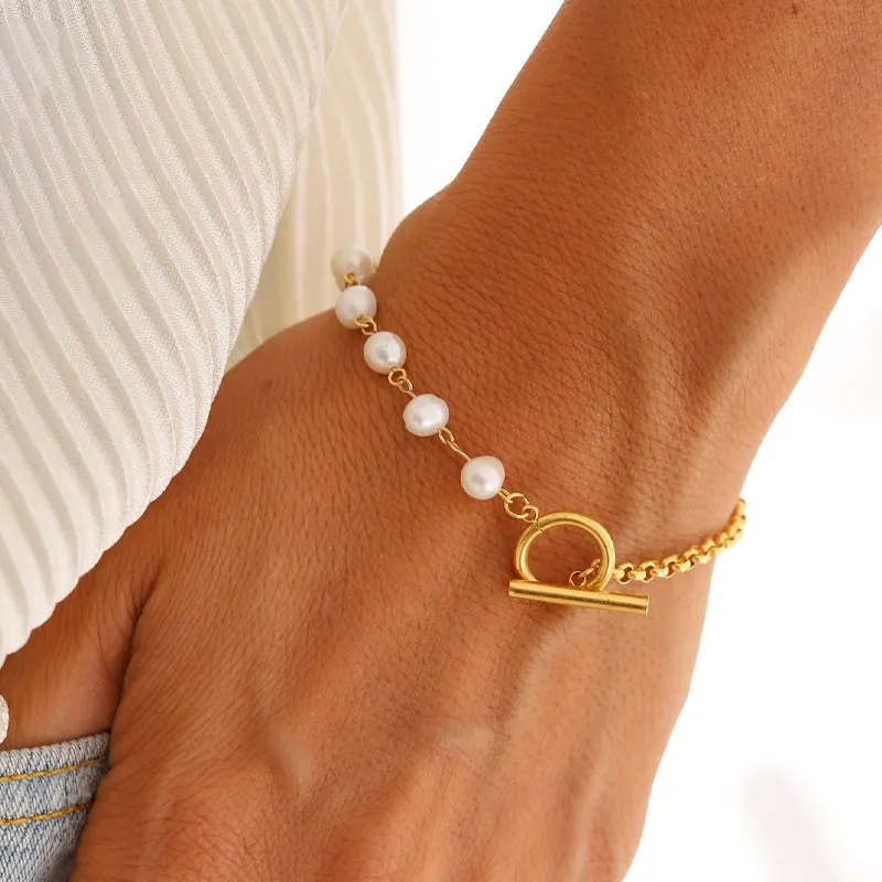 Dainty Fresh Water Pearl Bracelet Women Jewelry Stainless Steel 18K Gold Filled Toggle Clasp Bracelet Femme