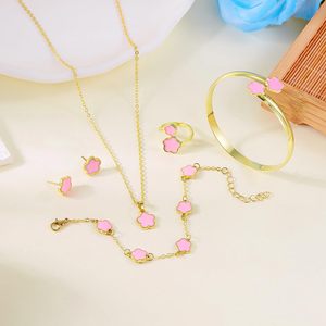 Set di gioielli di trifoglio da donna color oro a cinque foglie collana di trifoglio bracciale ad anello con zircone alla moda semplice disegno floreale - Product Image 3