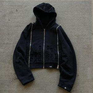 Custom Heavyweight Cotton French Terry Zipper Sleeve Distressed Acid Wash Full <b>Zip</b> up <b>Hoodies</b> for Men - Product Image 3