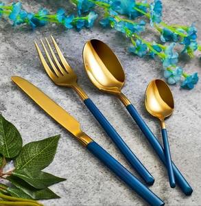Ensemble de couverts en acier inoxydable doré, manche bleu PVD, poli miroir, pour repas de luxe - Product Image 5