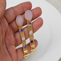Boucles d'oreilles fantaisie en laiton plaqué or 18 carats avec cristaux de quartz rose, faites à la main, pour femmes et jeunes filles, vente en gros
