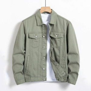 แจ็คเก็ตยีนส์มีกระเป๋าผ้าฝ้าย100% สำหรับผู้ชายสีเขียวล้วนกระดุมแถวเดียวคอเสื้อคอสูง - Product Image 1