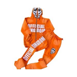 Sudadera con cremallera personalizada unisex con estampado de lavado de ácido de angustia, conjunto de pantalones de chándal con capucha de cara completa, ropa de hombre de talla grande de alta calidad - Product Image 1