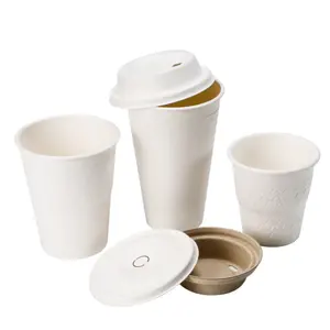 Take Away Coffee Cups Biodegradable Double Walled Sugarcane Bagasse Disposable Coffee Cups with Lid