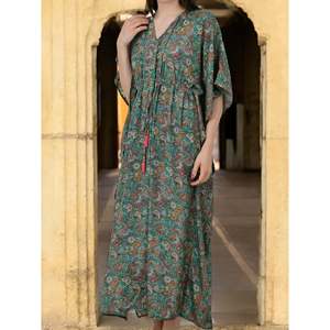 Teal <b>Green</b> Paisley Caftan #1624 Women's <b>Silk</b> Kaftan Swimsuit Cover Ups - Product Image 4