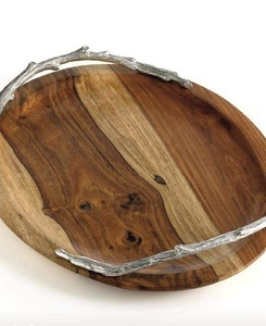 Oval Wooden Serving <b>Tray</b> With Silver Branch Handles Handmade Wabi Sabi Design Solid Wood Plate For <b>Party</b> Use - Product Image 1