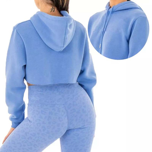 Haute qualité femmes 100% coton polaire à capuche personnalisé couleur unie écologique Streetwear court haut court hiver à capuche - Product Image 5