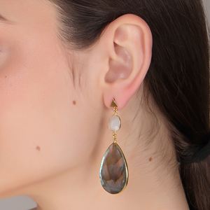 Boucles d'oreilles Dua en laiton plaqué or 18 carats faites à la main bijoux de mariage en pierre de lune arc-en-ciel et Labradorite - Product Image 5