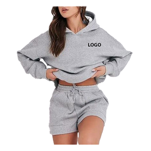 Sweat-shirt à capuche surdimensionné 100% coton 500GSM ensemble short et logo brodé personnalisé sweat-shirt Hip Hop pour femme, nouvel arrivage - Product Image 2