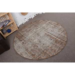 พรมตุรกีวินเทจ4.9 x 4.9ft เบจสีน้ำตาลสานแบบเรียบขนสัตว์เย็บปะติดปะต่อกันสำหรับห้องนั่งเล่นห้องโถงตกแต่งยางรอง - Product Image 2