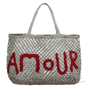 Borsa da spiaggia fatta a mano all'uncinetto di iuta da donna con ricamo in lana Amour | Orecchini natalizi gratuiti con ogni Tote! - Product Image 1
