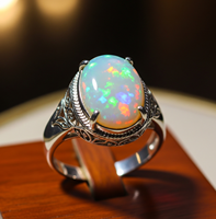 Bague en laiton plaqué or rose avec opale éthiopienne sertie clos, pierre précieuse, cadeau pour femme
