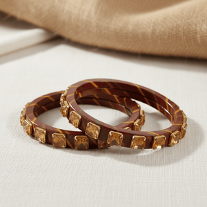 Set of 2 Brown Lac Bangles with Square <b>Stone</b> Accents Cultural Collectible Jewelry - Product Image 5