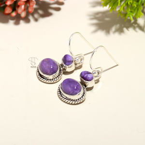 925 Pendiente de bisel de plata esterlina sólida Ajuste de bisel Pendiente de piedras preciosas de charoita púrpura natural Pendientes de estilo de piedra al por mayor - Product Image 2