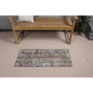 Alfombra Turca Vintage de Lana Ecológica de 1.5x3.4 pies, Diseño de Parches Azul y Marrón con Base de Látex - Product Image 3