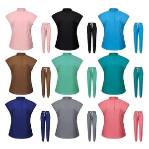 Uniforme de enfermera de exfoliación médica de moda de alta calidad, logotipo personalizado, 15 colores sólidos, pantalones elásticos con cuello levantado, tela de punto - Product Image 4