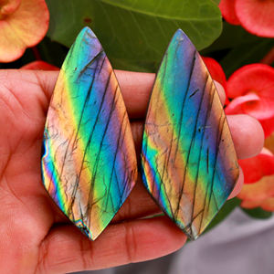 Boucles d'oreilles en labradorite naturelle, perles assorties, cabochon, pierre de feu multiple lisse pour boucle d'oreille, paire de cristal - Product Image 1