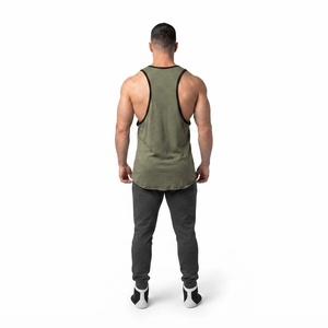 Men's Cotton Blend Knit Gym Tank Top-Olive Green Drop Armhole <b>Stringer</b> <b>Vest</b> for Bodybuilding - Product Image 2