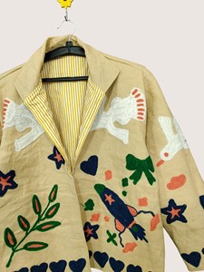 Bohemian Embroidered Wool Blends Eco-Friendly Suzani <b>Jacket</b> Hand Drawn Birds <b>Stars</b> Hearts Full Sleeve O-Neck Casual Winter - Product Image 4