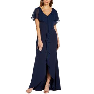 Robe de soirée bleue sirène Adrianna Papell pour femme, taille 6, en crêpe avec superposition en mousseline et taille empire - Product Image 1