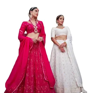 Nhà thiết kế màu trắng và hồng georgette inde nhà thiết kế theo phong cách phương Tây lehenga và choli cho phụ nữ