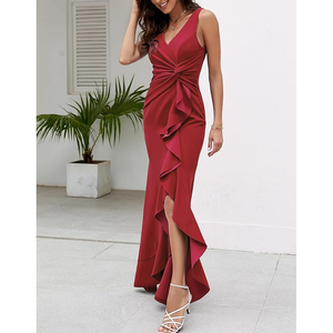 Robe solide côtelée à col en V moulante décontracté basique sortant t-shirt à manches moyen haut coréen à manches une robe doublée - Product Image 3