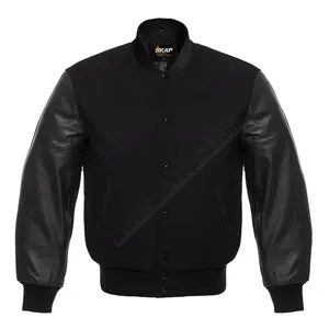 black <b>Wool</b> and <b>White</b> Genuine Leather Sleeves with Hoodie Letterman Baseball - Product Image 1
