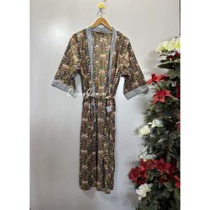 Robe Kimono en Coton Imprimée à la Main, Motif Floral Indien, Peignoir de Nuit, Robe de Bain Douce Tissée avec Cordon de Serrage pour l'Été, Taille Unique - Product Image 1