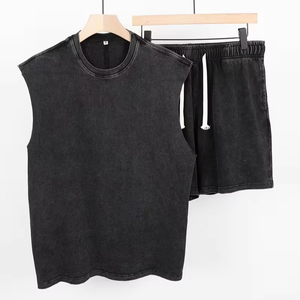 Wholesale Custom Men's Summer Casual Gym Wear <b>Loose</b> Fit Pure Washed Vintage Black Retro <b>Vest</b>/Knee-Length Shorts Set Sleeveless - Product Image 1