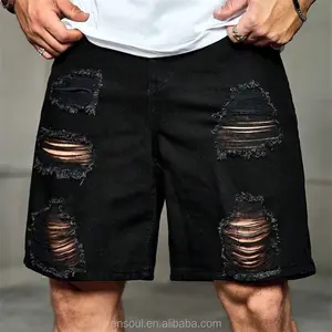 Wholesale High Quality Streetwear Black Baggy Denim Distressed Tear Shorts Custom Men Jean Shorts