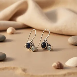 Boucles d'oreilles pendantes en argent 925 avec topaze bleue en forme de goutte d'eau, ornées d'améthyste, de grenat, de perle et de diamant pour femmes, pour mariage et soirée - Product Image 1
