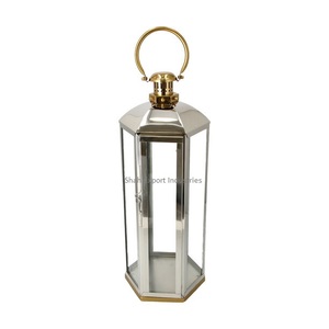 Stainless Steel & Glass Candle <b>Lantern</b> With <b>Gold</b> Handles Silver Finished for Home & Garden Decor Hanging <b>Lantern</b> - Product Image 4