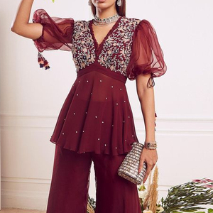 2023 Elegant Indian/Pakistani Party Dress Zari Embroidery Lace and Button Decoration Stylish Top Garara for Weddings Parties - Product Image 1