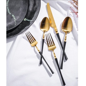 Newly Design Stainless Steel <b>Gold</b> Finished <b>Cutlery</b> Set With <b>Black</b> Enamel Handle for Dining Table Dinnerware Flatware Set - Product Image 2