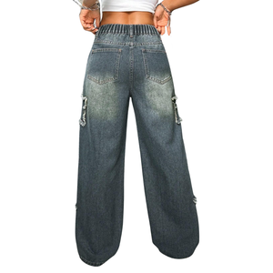 Jeans de Mujer Azul Oscuro de Cintura Media, Pierna Ancha, con Parches de Estrellas, Ajuste Holgado, Vaqueros Lavados, Pantalones de Mezclilla Casuales, Moda Urbana, Uso Diario 100% - Product Image 2