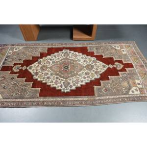 Alfombra de lana Vintage roja y beige, alfombra turca de área grande hecha a mano de 4x8 pies, alfombra rectangular de látex de 10mm, alfombra abstracta para pasillo y habitación - Product Image 3