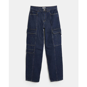 Jeans en denim bleu foncé pour femmes pleine longueur pantalon droit cargo ample à six poches pantalon en jean de style décontracté pour femmes - Product Image 5